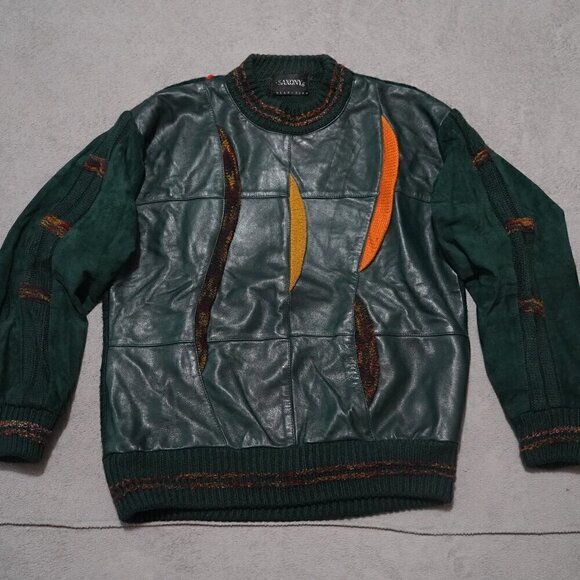 Vintage Saxony Mens 80s 3D knit Leather bomber Coogie Style Sweater Large Cosby - Picture 7 of 10